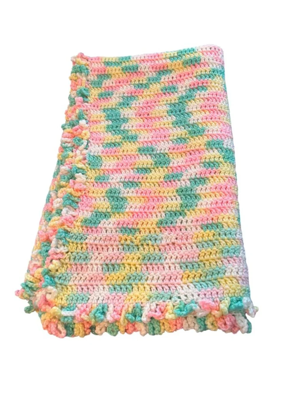 Handmade Multicolored Crochet Baby Blanket With Ruffled Edge Pink Yellow Green &